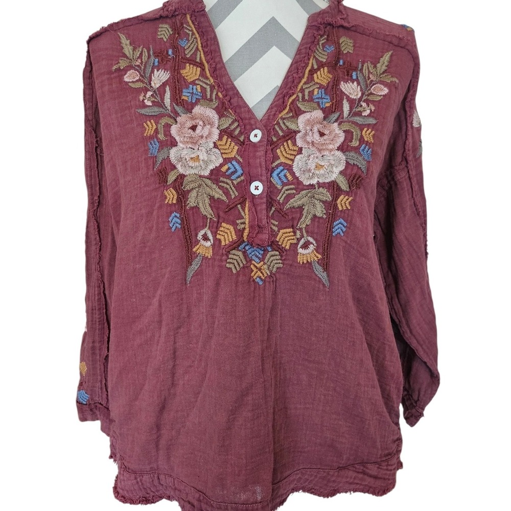Kyla Seo Pia Burgundy Gauze Embroidered Floral Boho Blouse Top Small Pockets